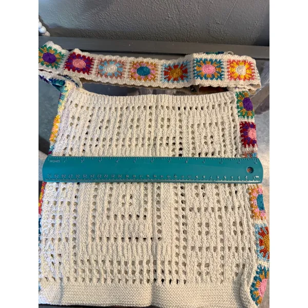 Boho Crochet Granny Square Hobo Shoulder Bag Cream Multi Retro y2k whimsi dainty - Image 7