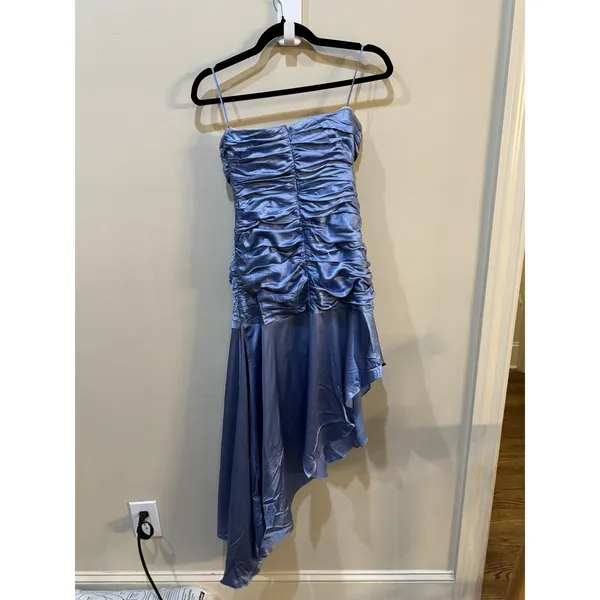 $565 Cinq à Sept Women's Blue Silk Strapless Ruched Asymmetrical Dress Size 4 - Image 5