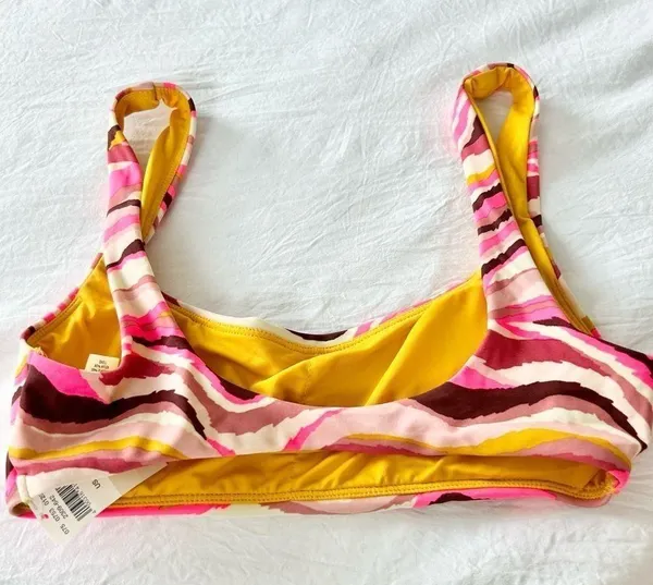 Aerie Bikini Top Scoop Neck Pink Brown Print US X Small - Image 2