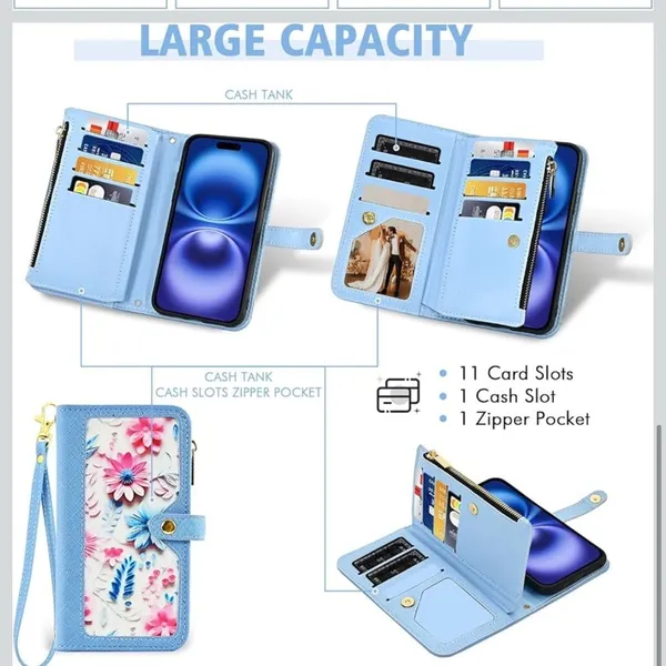 iPhone 16 6.1” Case Wallet Case Floral Wristlet Blue Card Holder Phone FC7 - Image 5