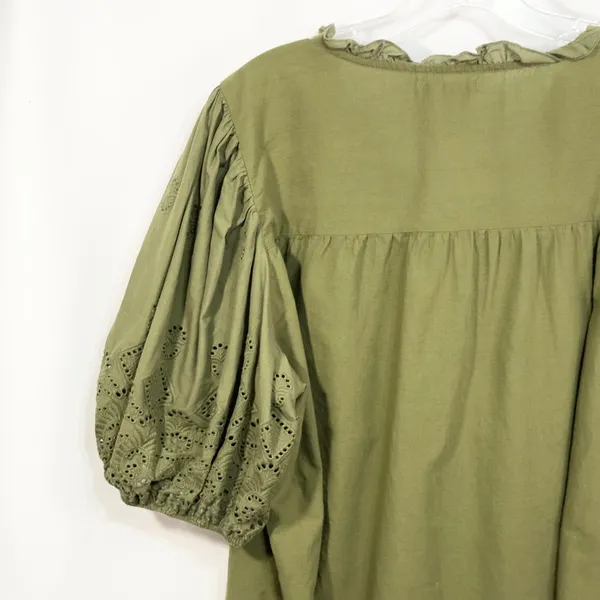 Maurices XXL Top Eyelet Blouse Peasant Top Puff Sleeve‎ Olive Green 907 - Image 9