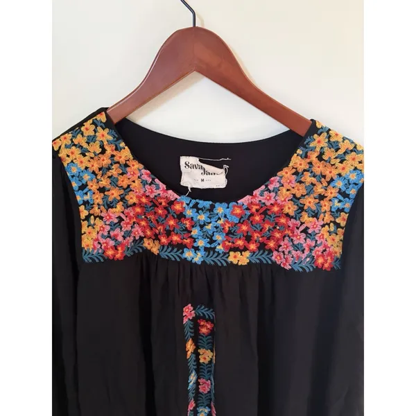 Savanna Jane Dress Womens Size M Black Embroidered Flowy Lined Boho Festival - Image 2