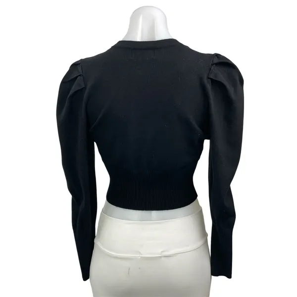 Danielle Bernstein Women Black Long Puff Sleeve V Neck Button Up Crop Top Size M - Image 3