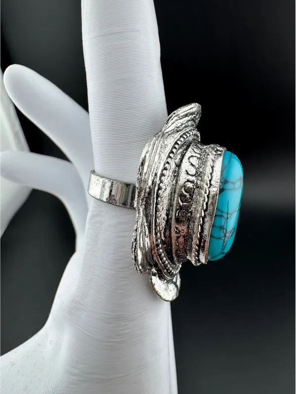 Adjustable Silver Tone Ring with Large Oval Turquoise Stone Blue - Image 2