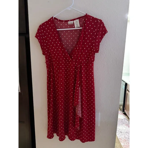 No Boundaries Red Polka Dot Faux Wrap Dress Cherry Tomato Stretch Large‎ 11/13 - Image 2