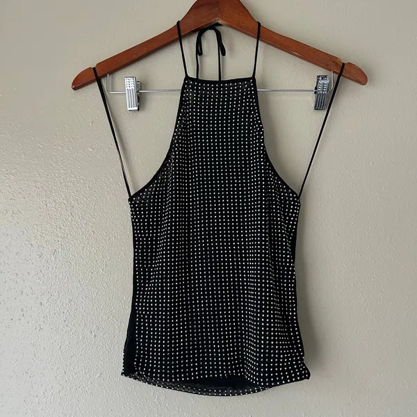 Zara Black Mesh Silver Studded Halter Crop Top Size Small - Image 6