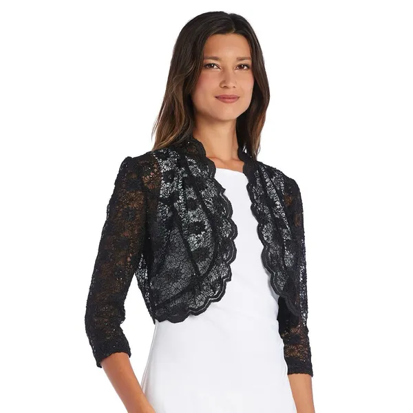 R & M Richards Scalloped Sequin Lace Black Bolero - Image 3