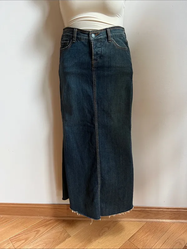 bebe vintage long denim skirt beaded Logo Dark raw edging Denim button fly - Image 2