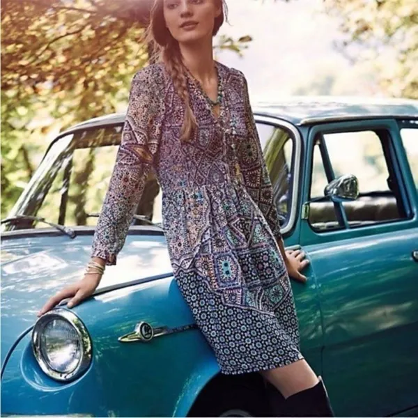 Maeve Anthropologie‎ Tiled Amethyst Dress XS Smocked Long Sleeve Boho Mosaic - Image 2
