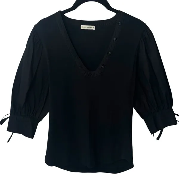 Ulla Johnson Pia Top Black Ribbed Poplin Puff Sleeve Capsule Minimalist Luxury L - Image 4