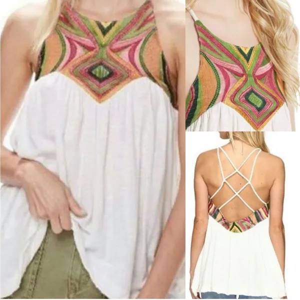 Free People Beach Date White Flowy Strappy Tank Top Multicolor Embroidery - Image 2