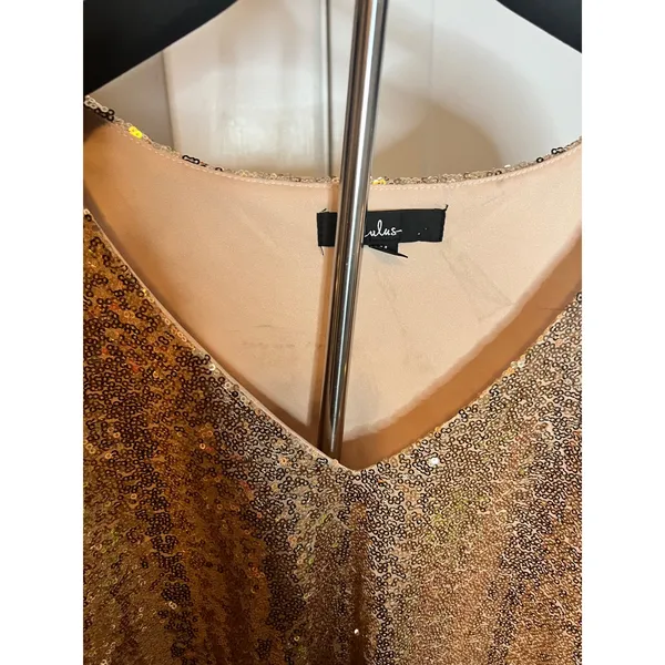 Lulus Womens Gold Sequin V-Neck Short‎ Sleeve Mini Shift Party Dress Size M - Image 4