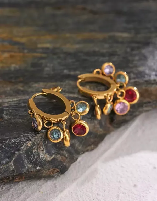 Gold hoop earrings with colorful diamonds - Image 2