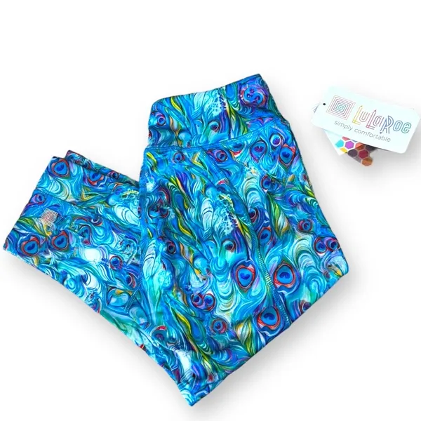 LuLaRoe Jade Peacock Feather Capri Leggings XS Blue Athletic Yoga Pants‎ NWT - Image 6