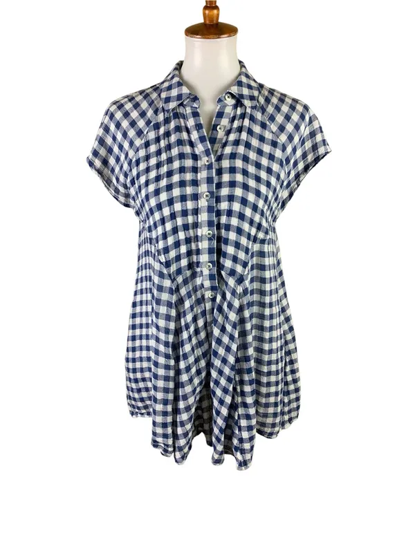 Free People Small Blue White Gingham Plaid Shirt Dress Button Front Boho Casual - Image 2