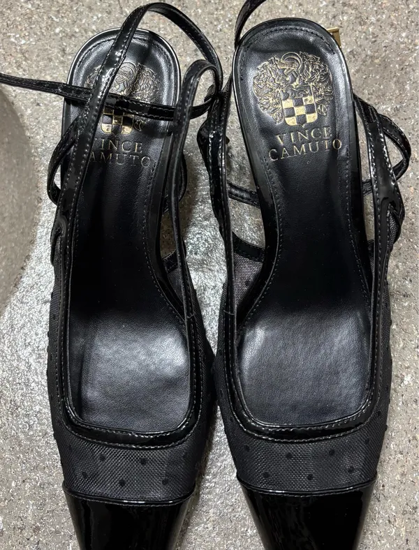 Vince Camuto Black Polka Dot Mesh Pointed Toe Ankle Strap Heels - Image 3