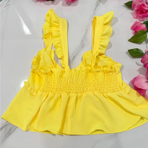 Yellow Y2K Ruffled Feminine Coquette Large Babydoll Crop Tank Top - Image 4