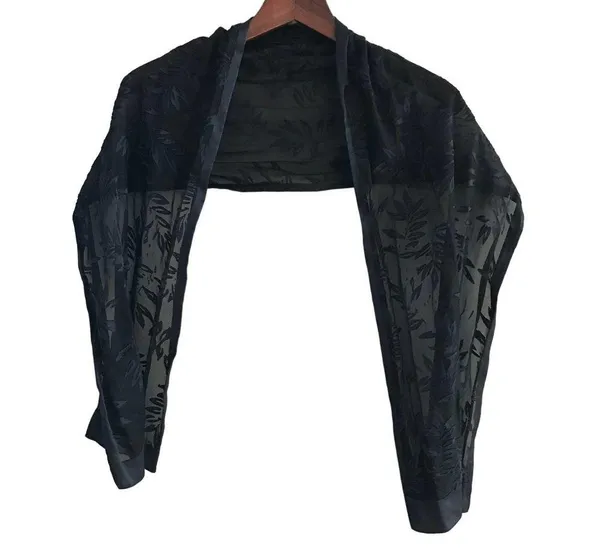 Vintage Black Leaf Large Scarf, Vintage Wrap, Extra Long Rectangular Scarf - Image 4