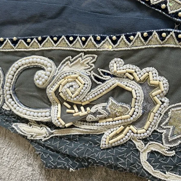Ella Singh Vest Womens Large Beaded Sequins Silk Festival Boho Blue Cream Heavy - Image 6