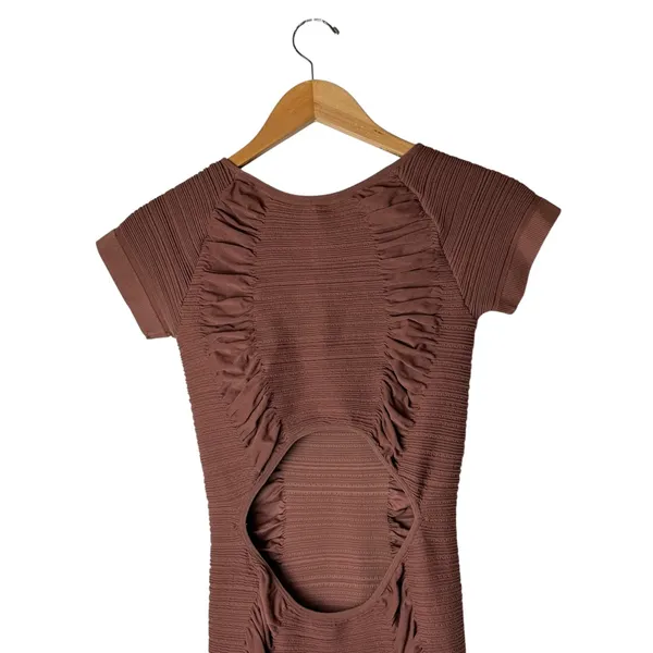 AURA Ruched Bodycon Dress Women Large‎ Brown NWT Cutout Back Ribbed Knit Sheath - Image 6