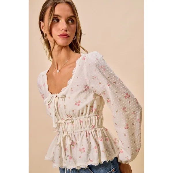 SO ME Floral Clip Dot Lace Trim Ruched Bodice Blouse - White - Medium - Image 2