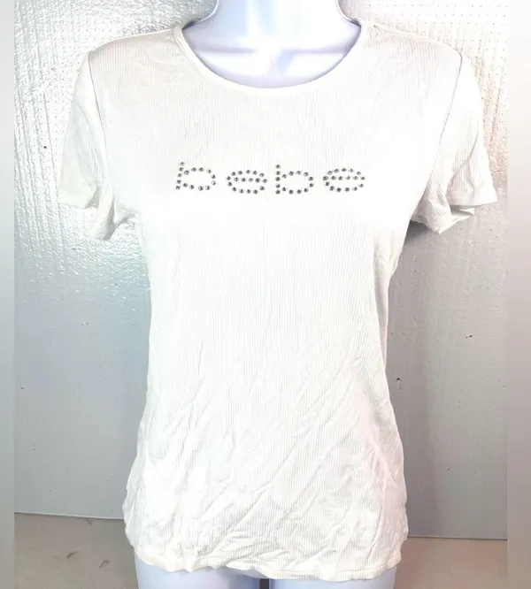 bebe M Spellout Ribbed Short Sleeve Circle Neck Top - Stark White - Image 3