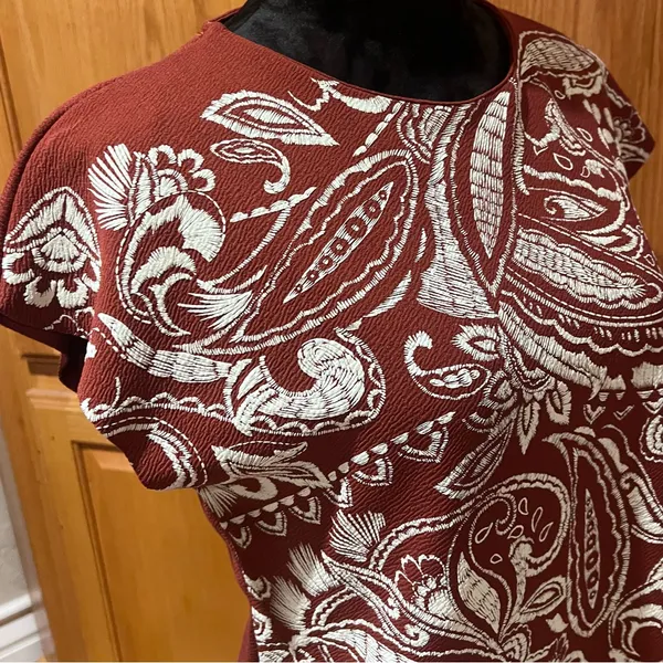 ZARA Paisley Textured Print Mini Shift Dress Burnt‎ Brick & White Size Small - Image 11