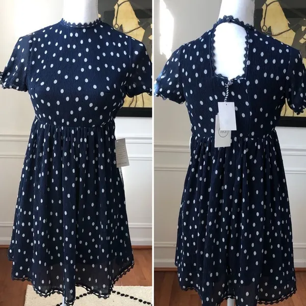 NWT 1901 Polka Dot Chiffon Navy Blue Dress S SP - Image 3