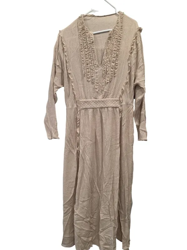 Massimo Dutti Beige Textured Long-Sleeve Midi Dress Ruffle & V-Neckline Size M - Image 5