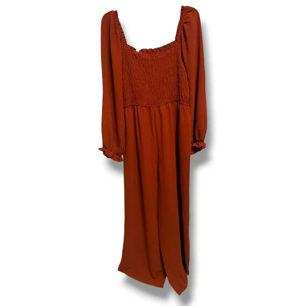 Francesca's Rust Orange Smocked Wide Leg Jumpsuit Long Sleeve Square Neck XL NWT - Image 3
