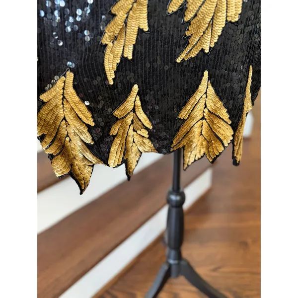 Vintage 90s Black Gold Fall Leaf Pattern Silk Sequin Long Sleeve Shift Dress - Image 6