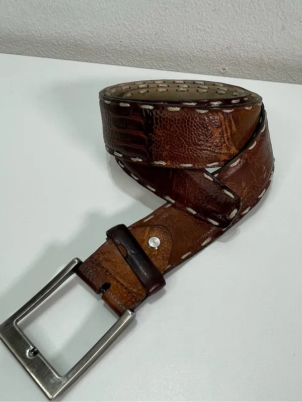 Brown Textured Leather Belt Firenze Made In Italy Brown 40'' Stitched Western - Image 2