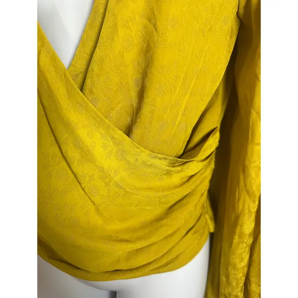 Anthropologie Mustard Floral Jacquard Surplice Balloon Sleeve Wrap Blouse Size S - Image 2
