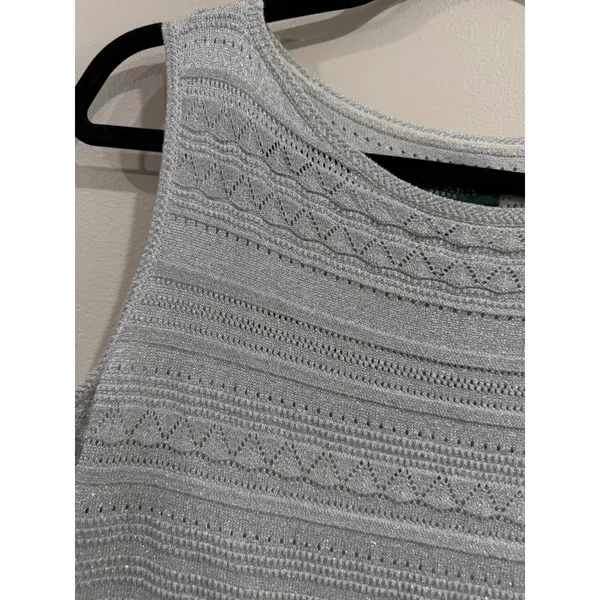 Lauren Ralph Lauren Silver Metallic Knit Pointelle Fit & Flare Festive Dress L - Image 4