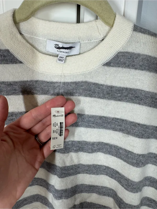 NWT Madewell Cashmere Crewneck Sweater in Ivory & Heather Grey Stripe size xxs - Image 3
