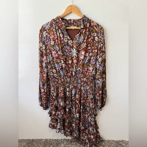 BTFL LIFE Brown Floral Asymmetrical Ruffled Dress‎ Size Large - Image 2