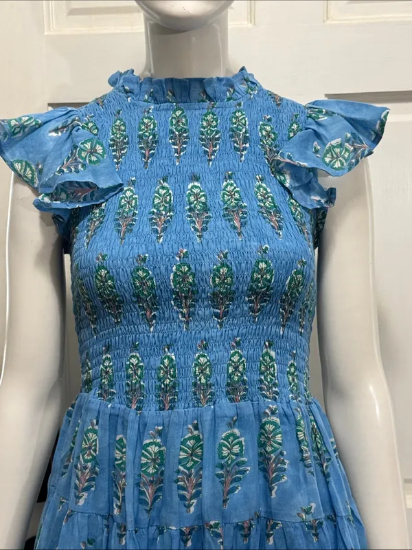 OLIPHANT 100% Cotton Smocked Flirty Ruffle Blue Block Print | Size Small - Image 4