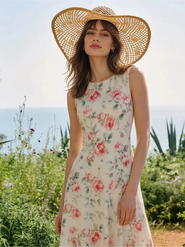 Rihoas Floral Sleeveless Maxi Dress — Pink Rose on Cream - Image 3