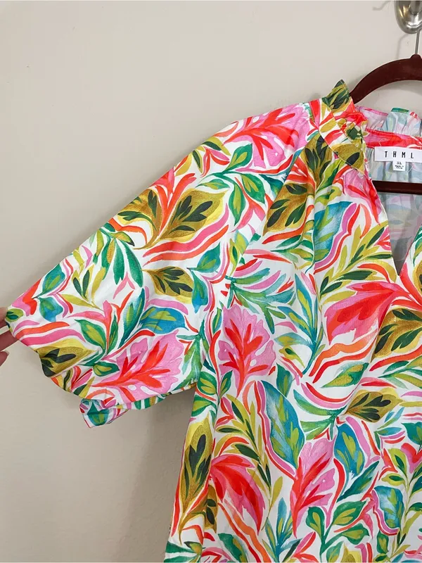 THML Floral Tropical Puff Sleeve Ruffle V Neck Top Size XL - Image 4
