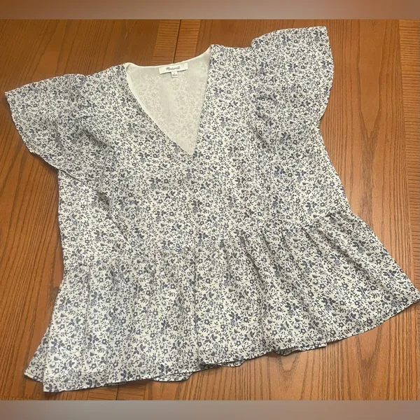 Madewell Georgette Ruffle-Sleeve Peplum Top in Americana‎ Floral Size Small - Image 12