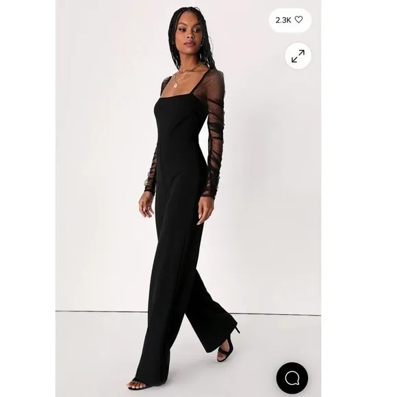 Lulus Black Made to Amaze Dotted Mesh Jumpsuit Small Gothic Cocktail Party - Image 2