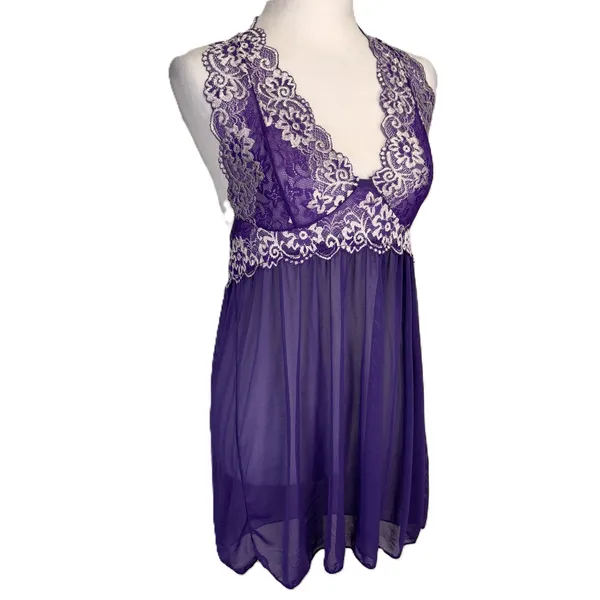 Babydoll Sheer Halter Slip Dress Women L Purple Floral Lace Festival‎ Romantic - Image 2