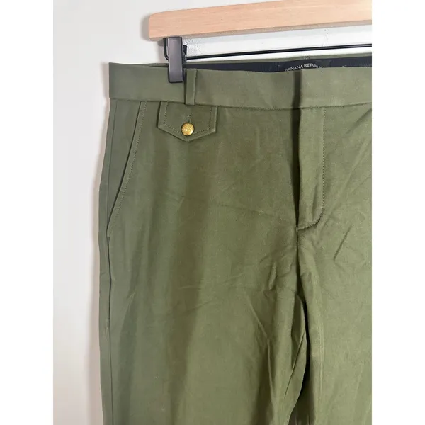 Banana Republic Logan Fit Trousers Olive Green Gold Button Straight Leg Size 16 - Image 2