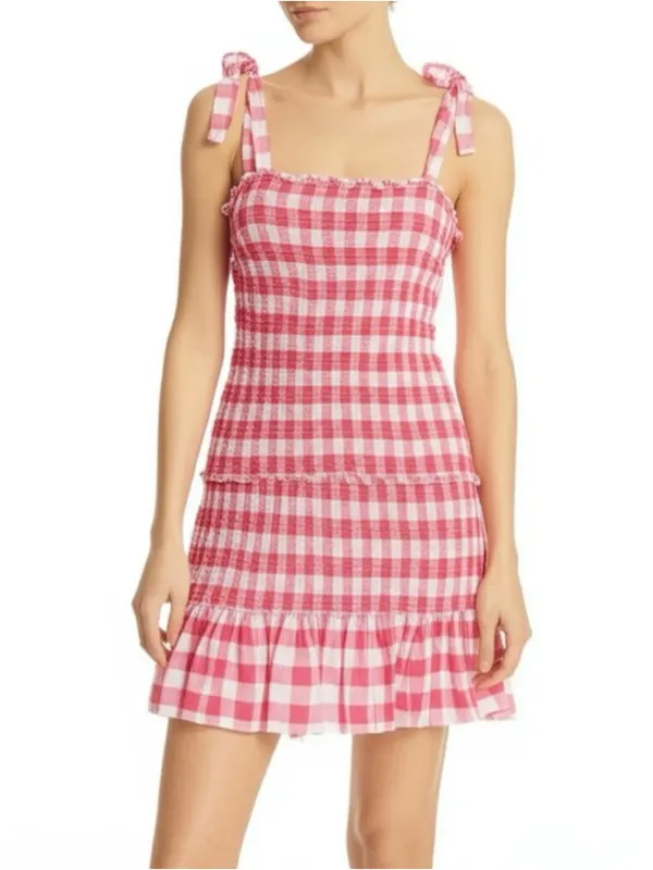 Sincerely Jules Gingham‎ Check Smocked Ruffle Mini Dress Red White Medium Preppy - Image 2