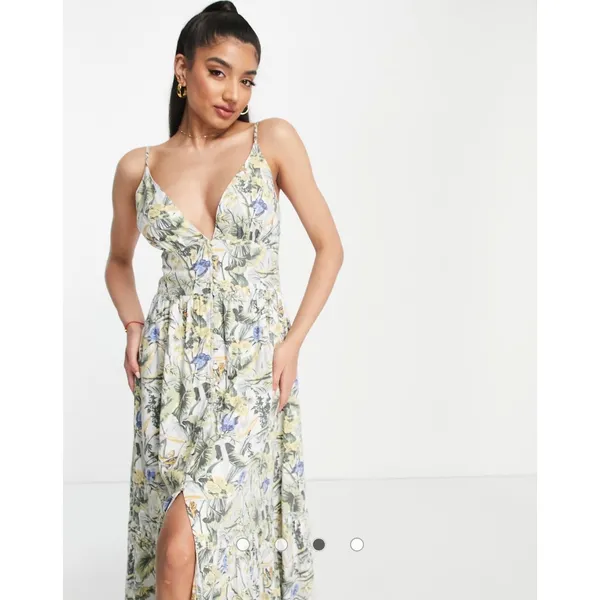 Abercrombie & Fitch Plunge Linen Blend Maxi Dress in Tropical Print, XS - Image 4