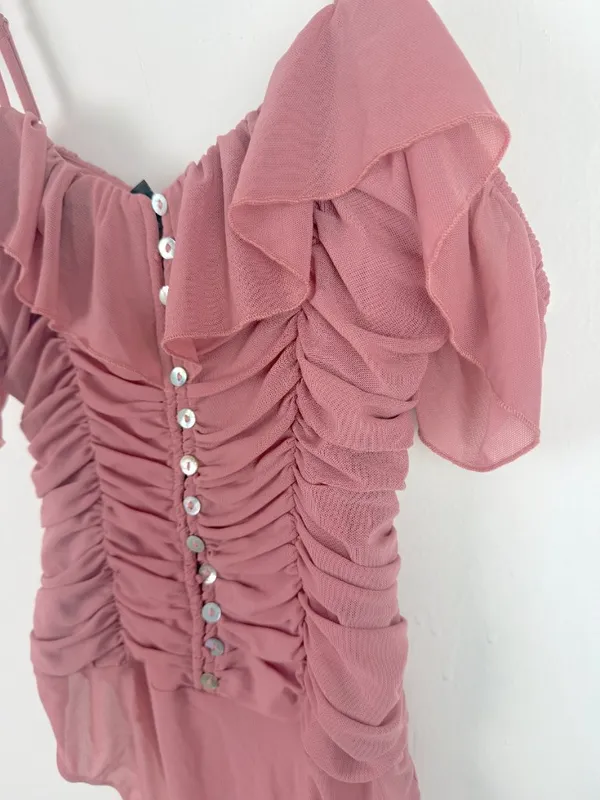 NWT Lulus Elegant Posture Mauve Pink Mesh Ruched Cold-Shoulder Bodysuit Size XS - Image 4