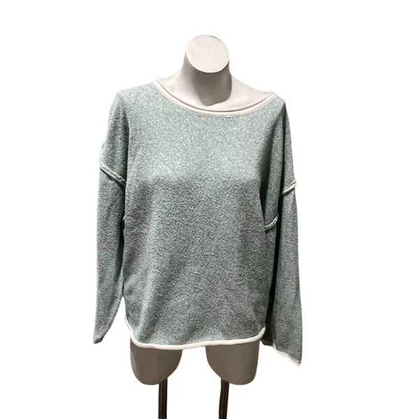 Womens Sweater Size M Sage Green Textured Knit Boat Neck Fringe Long - Image 2