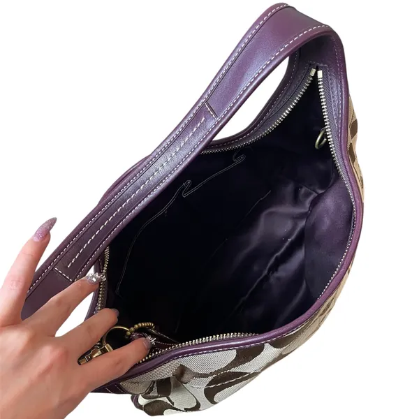 Coach Signature Monogram Purple Leather Trim Hobo Shoulder Bag Handbag Purse - Image 8