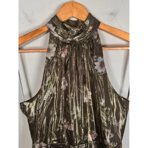 ML Monique‎ Lhuillier Dress Womens 0 Metallic Floral Silk Halter Midi 4412419 - Image 3