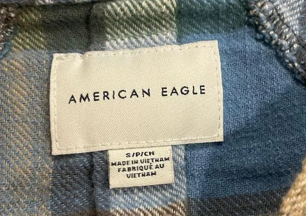 American Eagle blue, green, brown, tan, white plaid long sleeve flannel S - Image 4